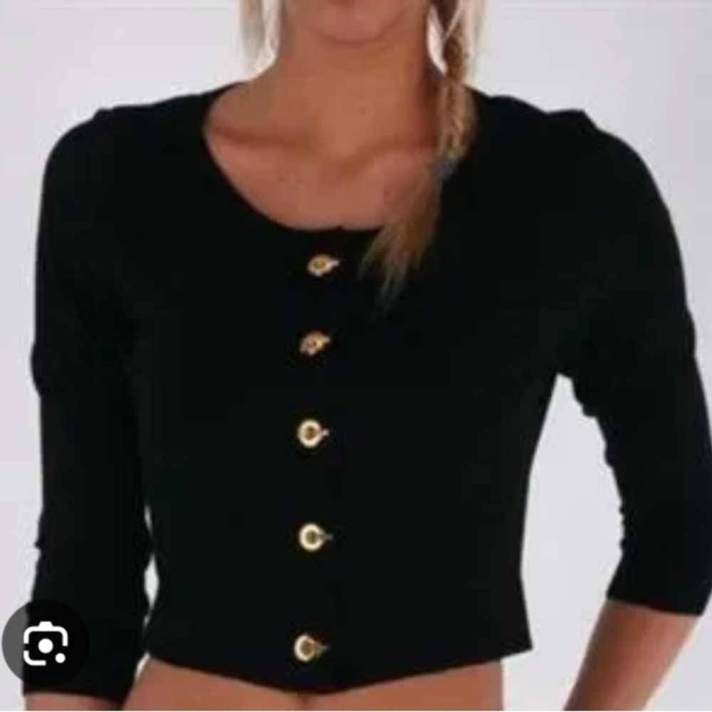 Calvin Klein Black Knit Gold Grommet Closure Cropped Cardigan